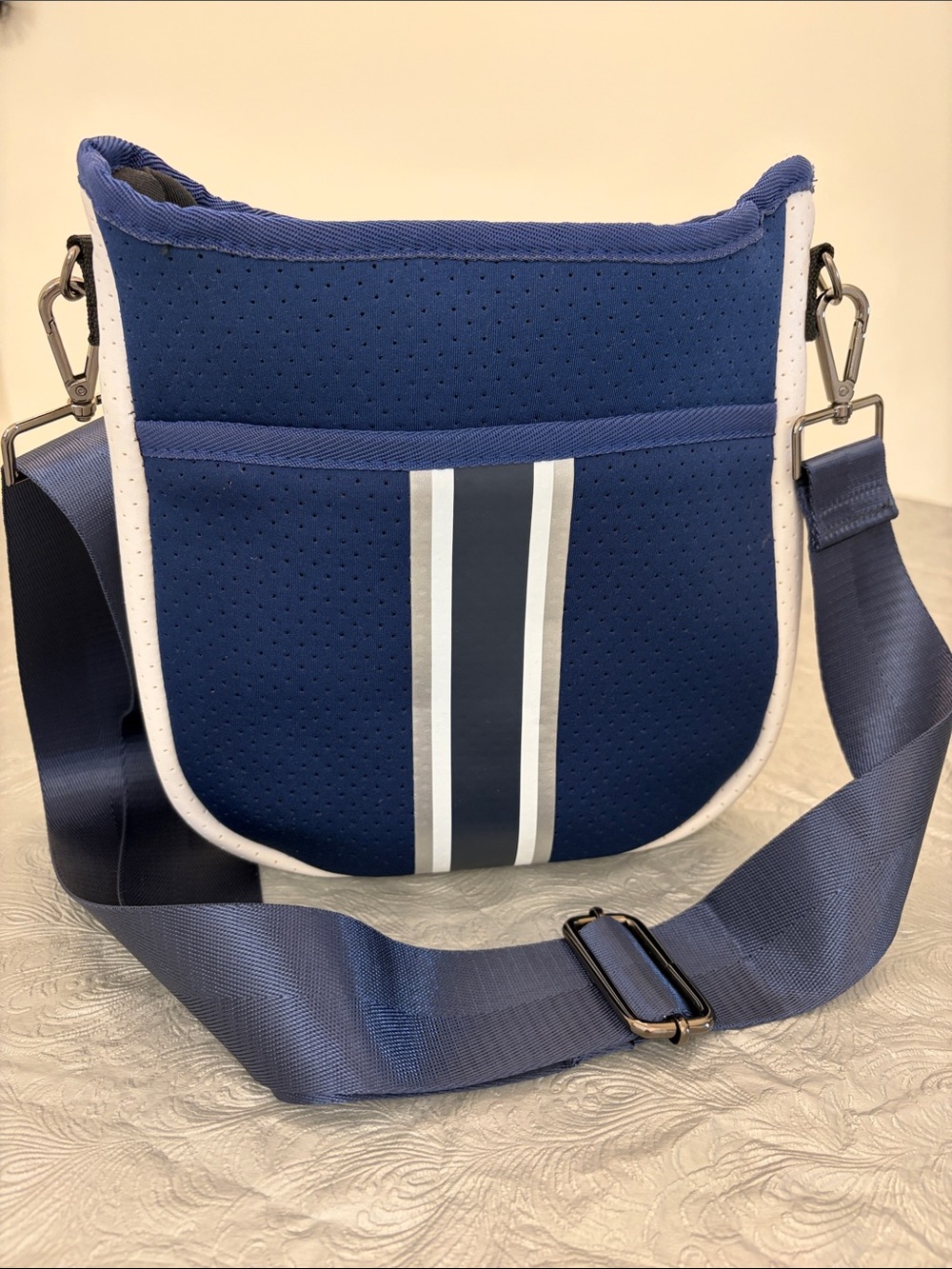 Haute Shore Jeri Navy and White Crossbody Bag with Contrast Stripes